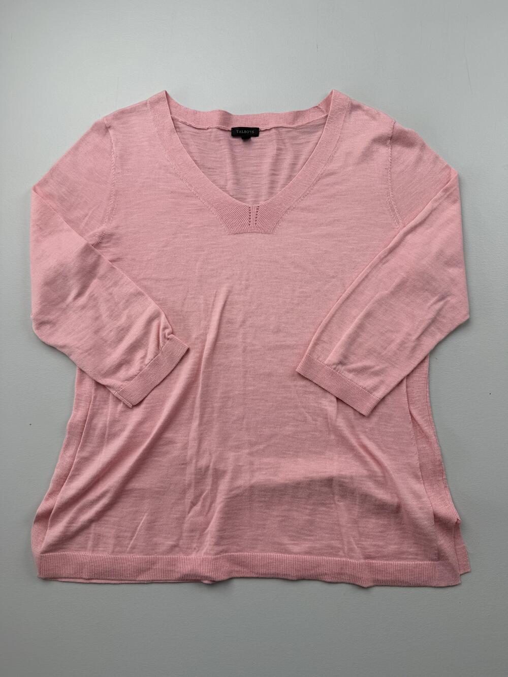 Talbots Sweater Womens L Pink V Neck 3/4 Sleeve Lightweight Knit Pullover Top